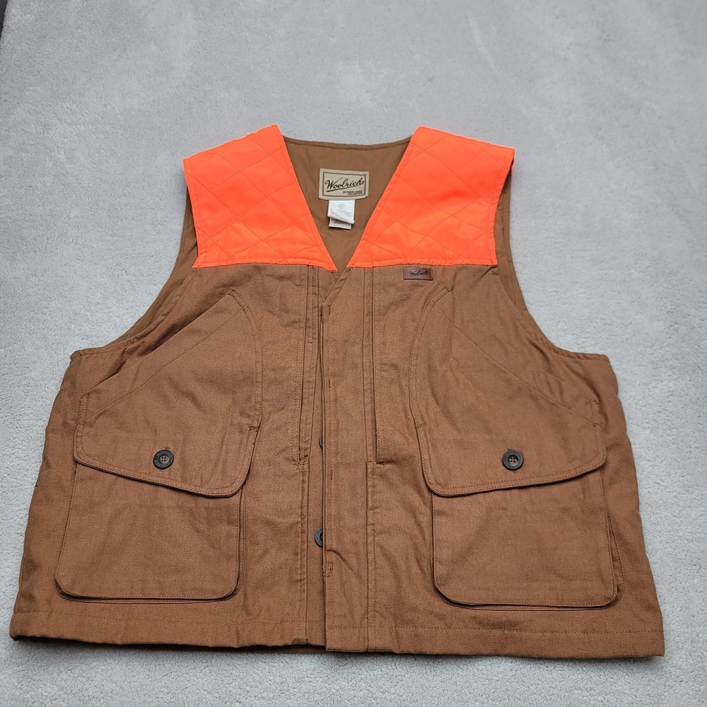 Woolrich Vest Mens XL Brown Orange Canvas Outdoor Utility Hunting Fishing 5534WT